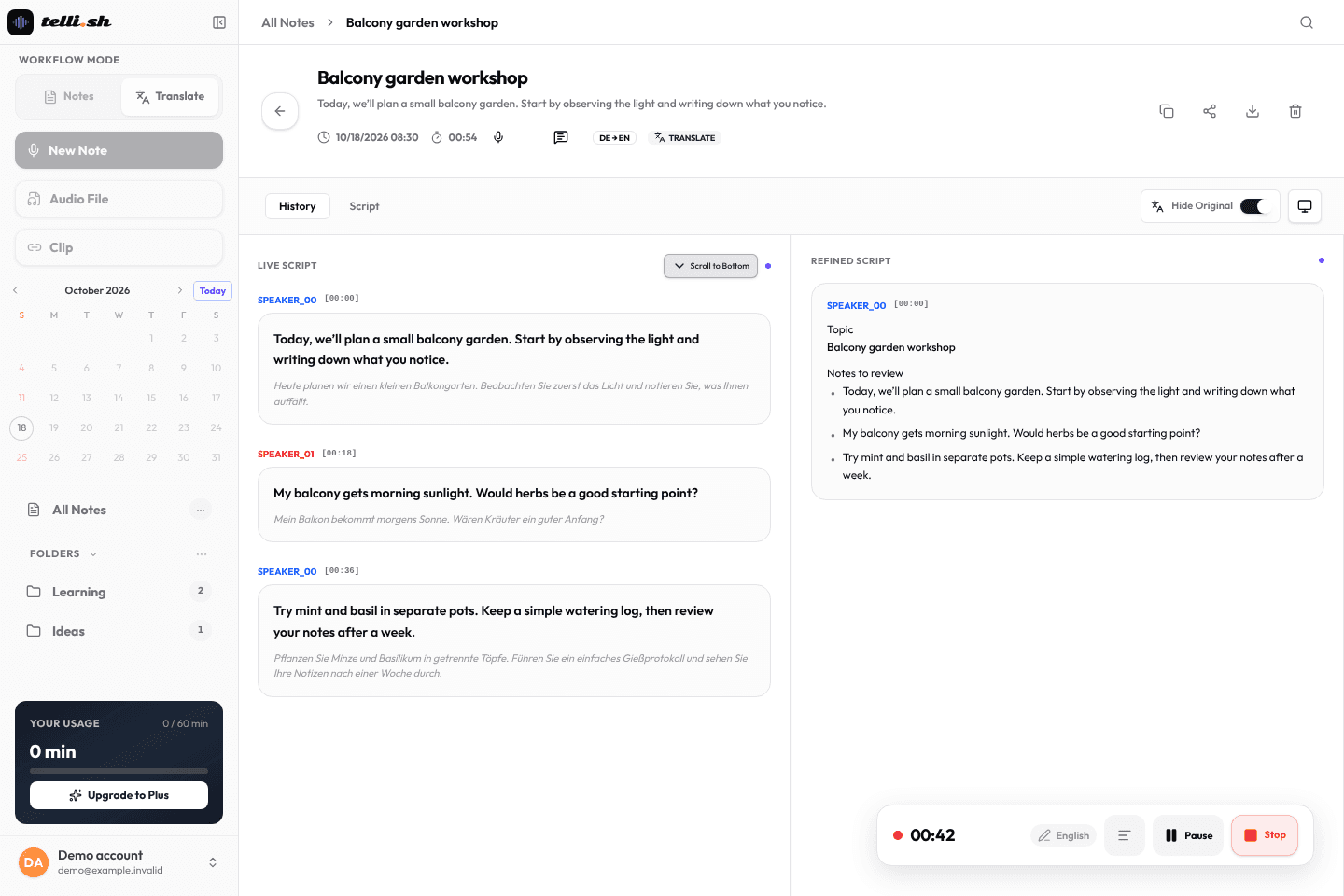Telli.sh while recording: the live script shows each sentence by speaker with its translation, and the refined script already lists the topic and the notes to review.