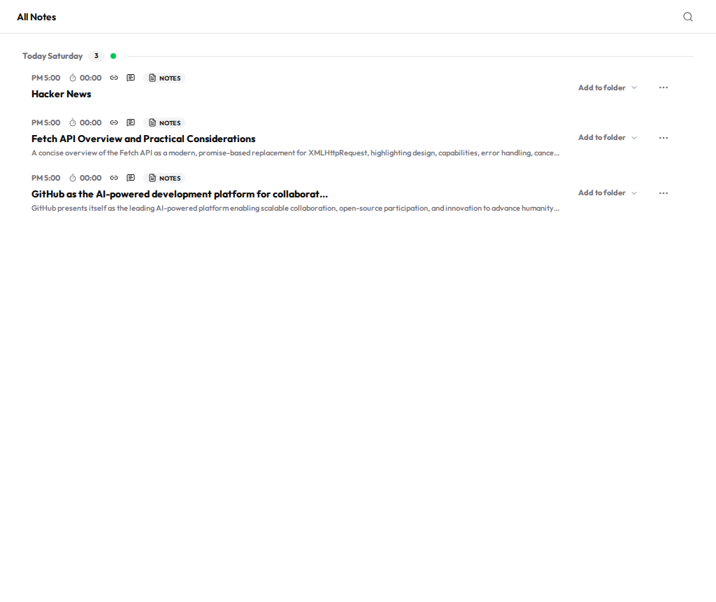 Three clipped web pages in the Telli.sh All Notes list: Hacker News with no summary line, Fetch API Overview and Practical Considerations, and GitHub as the AI-powered development platform, each with a one-line summary underneath