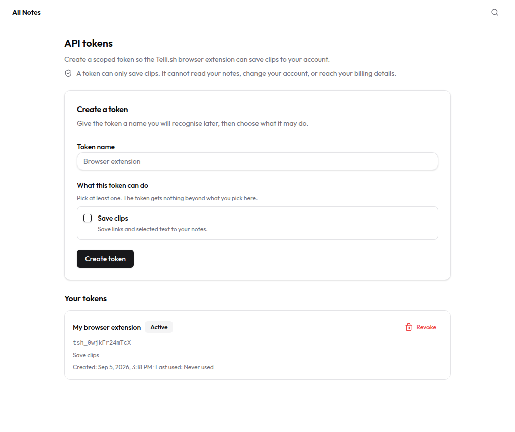 The tokens list showing one token named My browser extension with an Active badge, its tsh_ prefix, the Save clips scope, a created timestamp, Last used: Never used, and a red Revoke action