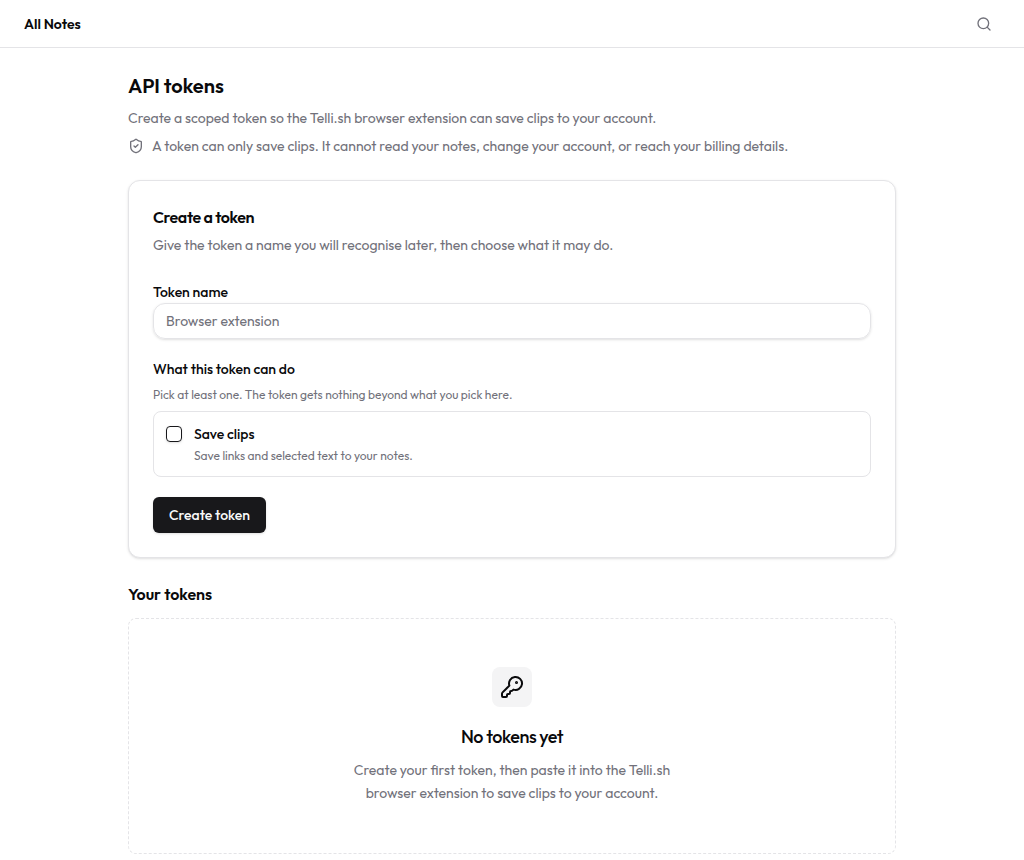 The Telli.sh API tokens settings page with no tokens yet: a create form with a token name field and a single Save clips permission checkbox, and an empty state reading No tokens yet