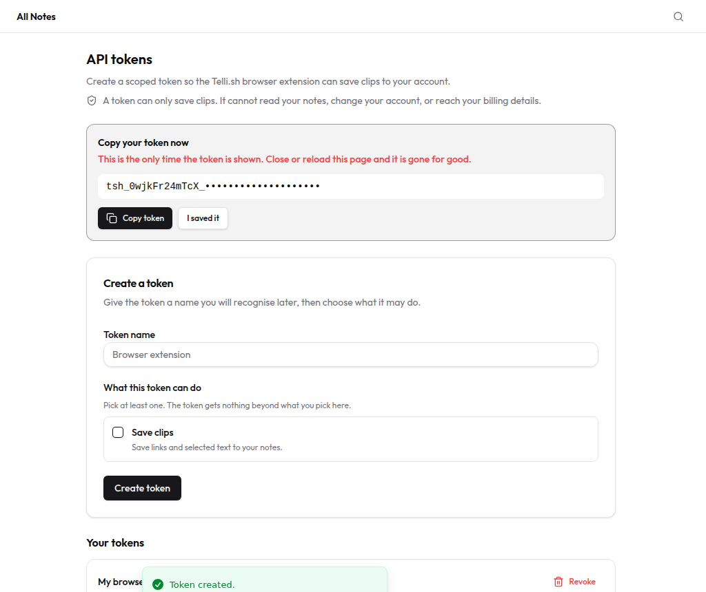 The one-time token panel reading Copy your token now, with the warning that this is the only time the token is shown, a partially masked tsh_ token, and Copy token and I saved it buttons