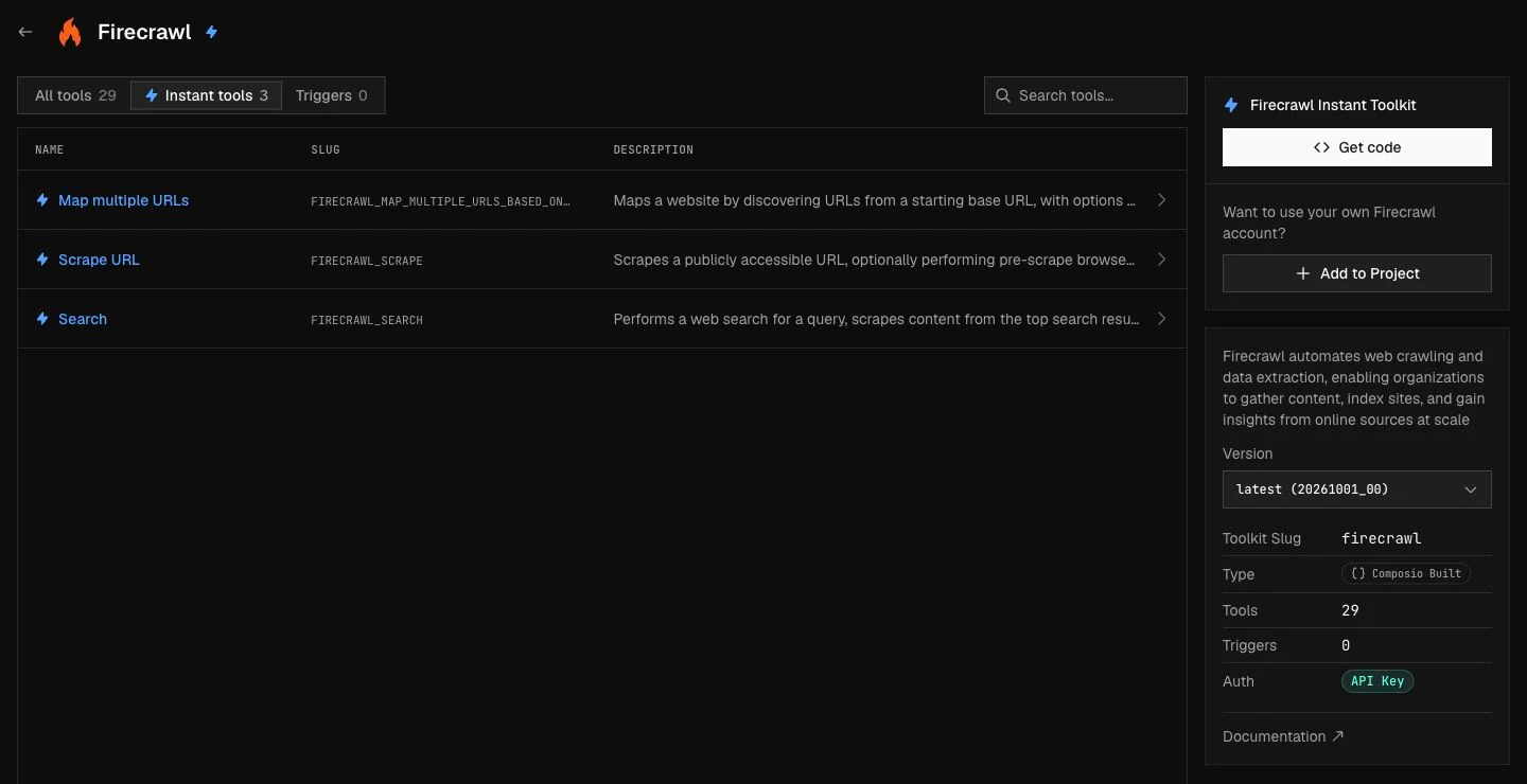 Composio documentation interface listing Firecrawl tools eligible for Instant