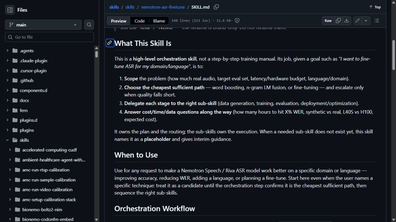 The public NVIDIA nemotron-asr-finetune skill page, showing its orchestration role and the choice between vocabulary support, language models and fine-tuning.