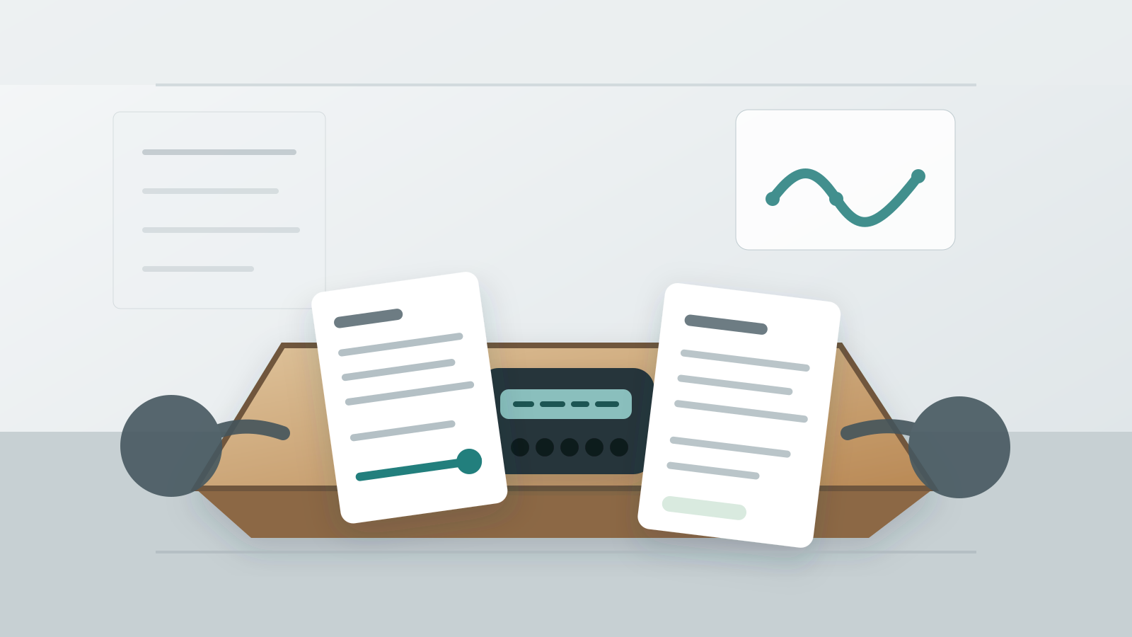 An interview table with a recorder and reviewable transcript pages